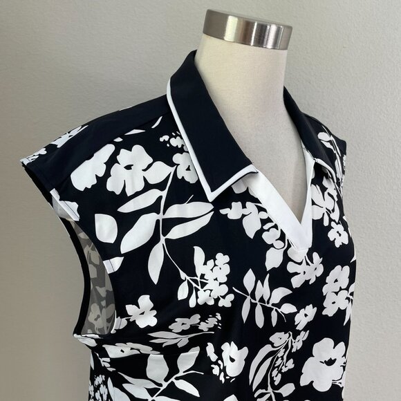 Kinona Womens XL Sleeveless Floral Polo Top Black White Golf Shirt Stretch - Picture 2 of 8